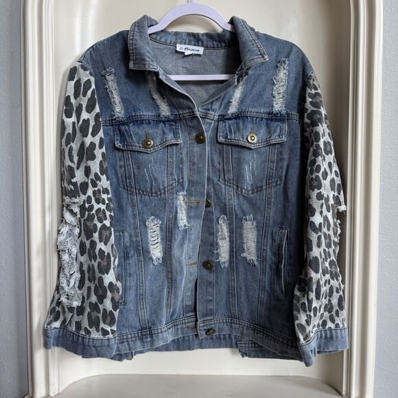macaron Jackets & Blazers - Macaron Denim and Leopard Print Distressed Jean Jacket Size Small